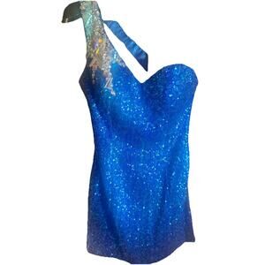 Fiesta Bright Blue Embellished Sequin One Shoulder Y2k Mini Pageant Drag Party